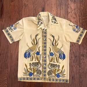 Vintage Cream Shirt with Blue and Gold Crane Design